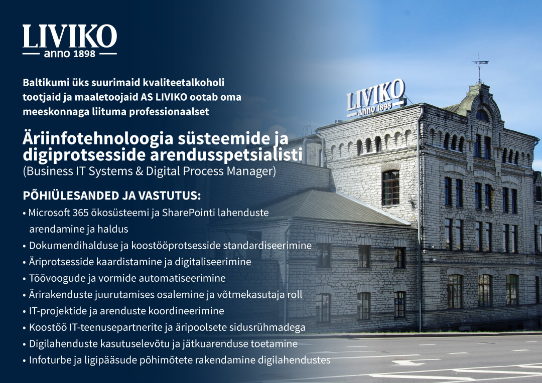 Otsime oma meeskonda äriinfotehnoloogia süsteemide ja digiprotsesside arendusspetsialisti
