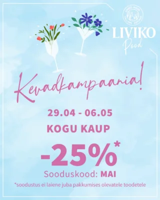 🩷Kolmapäevast kolmapäevani ehk 29.04 - 6.05 on Liviko e-poes kogu kaup -25% koodiga MAI. Ees ootab pikk nädalalõpp - miks mitte astuda läbi Liviko poest või tellida koju oma lemmikud eriti hea hinnaga!

🩷NB! Liviko Pood on avatud neljapäeval, 30.04 8.30-17. Reedel, 1.05 oleme suletud!